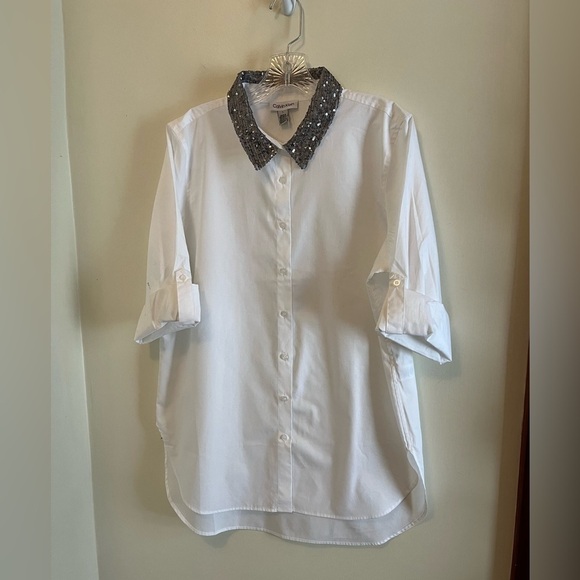 Calvin Klein White button down Blouse, sequin’s collar Boyfriend Tunic women L - Picture 3 of 14
